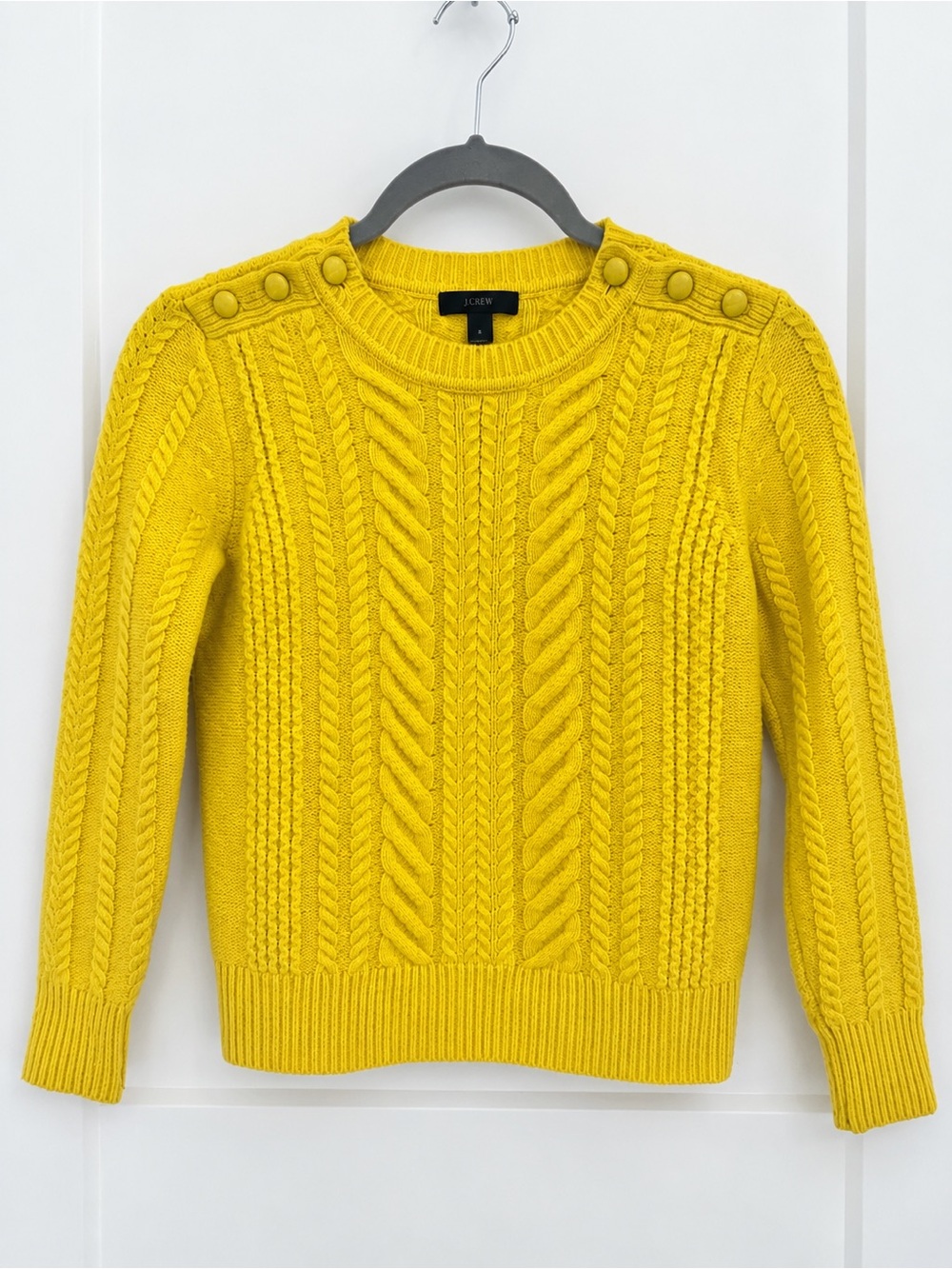 J. Crew Bright Yellow Cable-Knit Crewneck Sweater with Shoulder Buttons